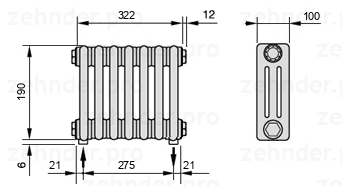 Схема (чертеж) Радиатор Zehnder Charleston 3019/7 №5310 Белый глянцевый RAL 9016